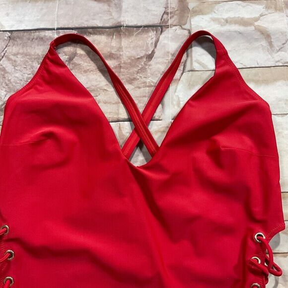 City Chic Womens Swimsuit siz 18 new nwt Lace Up One Piece Red Cherry High Leg - Picture 5 of 12